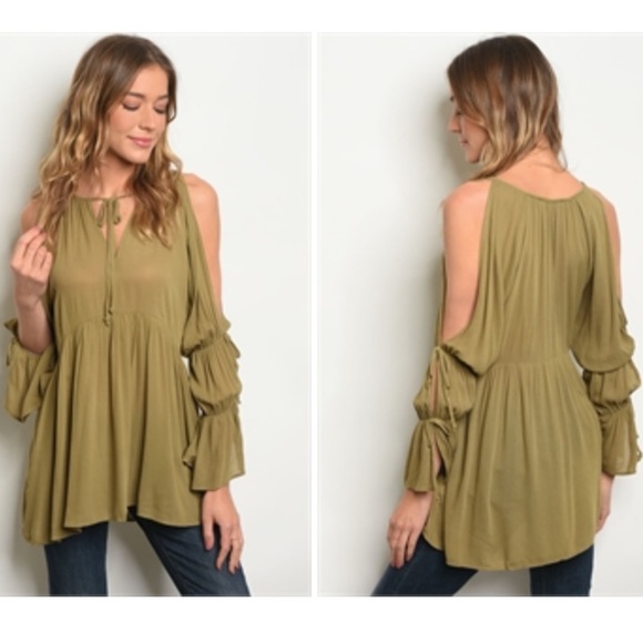 💲😍GORGEOUS😍COLD SHOULDER OLIVE BABYDOLL TOP S - Picture 3 of 3